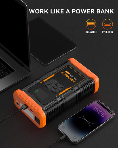 ASPERX 2 IN 1 Car Jumper Box with Air Compressor(Up to 10L Gas/8.0L Diesel Engines)，3000A Battery Jump Starter with USB Fast Charging,Portable Battery Booster for 12V Car SUV Vehicles