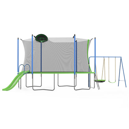 12FT Trampoline with Slide and Swings for Kids and Adults, Outdoor Recreational Trampoline with Basketball Hoop, Safety Enclosure and Ladder, Green