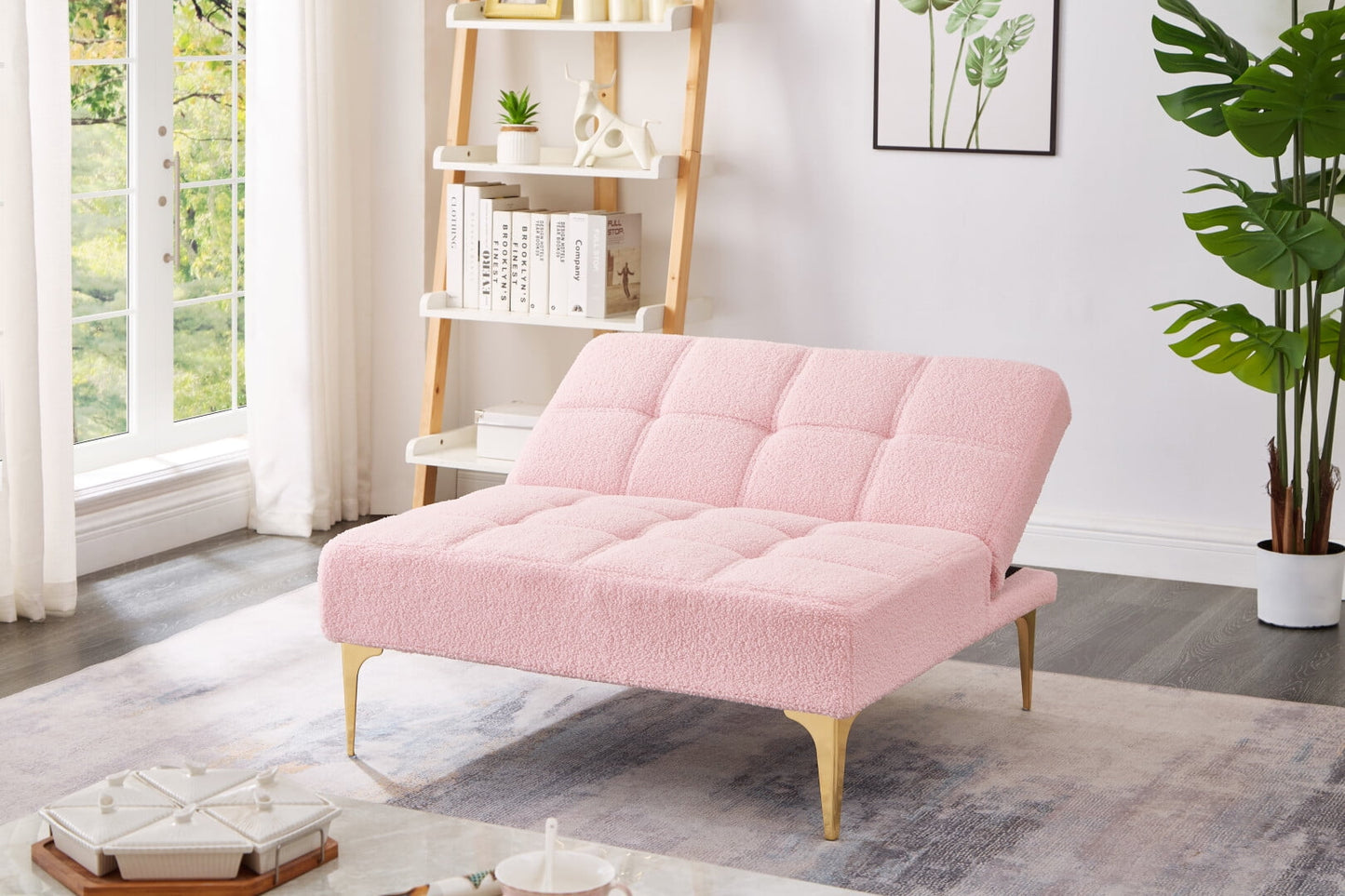 35.5 Inch L Modern Teddy Convertible Single Futon Sofa Bed with 1 Pillow, Multifunctional Armless Futon Chair with Metal Legs, Comfy Sofa Chair for Living Room, Office, Studio, Apartment, Pink