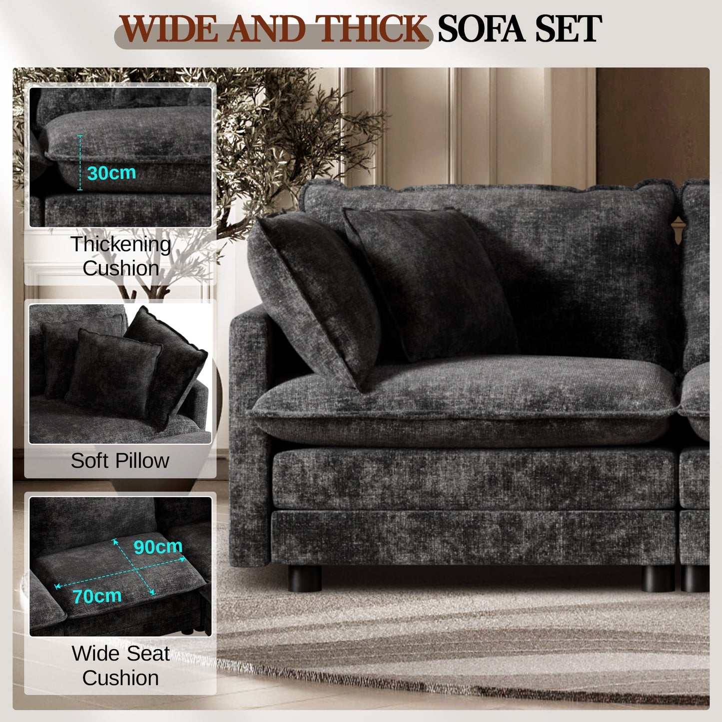 CoolHut Sectional Sofa Couch, 2 Seats Sofa with 4 Pillows, Modern Oversized Sofa Set for Living Room, Dark Gray