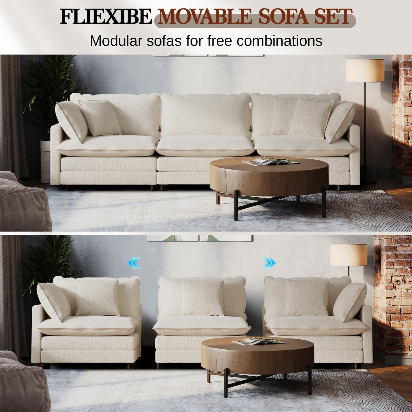 CoolHut Sectional Sofa Couch, 3 Seats Sofa with 5 Pillows, Modern Oversized Sofa Set for Living Room, Beige