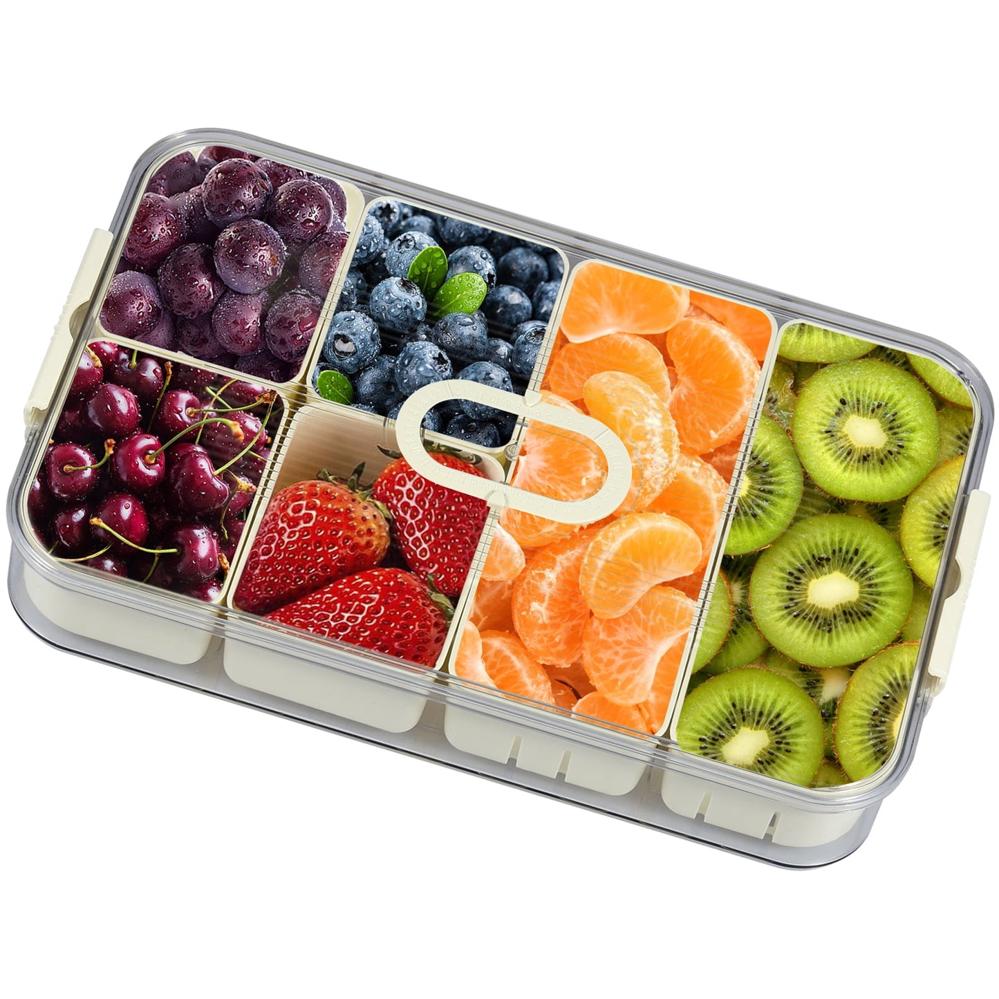 Austok Divided Serving Tray with Sealing Lid Timer 6 Compartment Snackle Box Container Snack Plattersompartment Box with Draining Baskets Clear Organizer for Candy Fruits Nuts Snacks