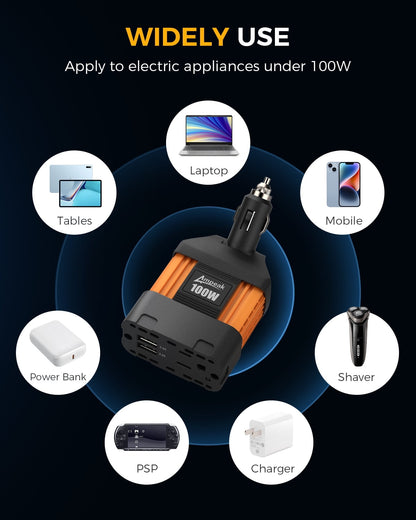 Ampeak 100W Power Inverter, Safely and Portable Car Inverter, 4.8A Dual USB Ports DC 12V to AC 110 Car Plug Adapter,ETL certified, Orange