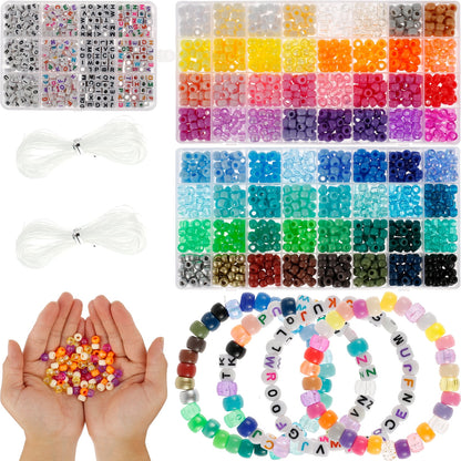 1977Pcs Pony Beads Kit for Bracelet Making 64 Colors 9mm Kandi Beads Set Plastic Pony Beads Bulk with 375pcs Letter Beads Elastic String DIY Bracelets Jewelry Beads for Bracelets Necklace