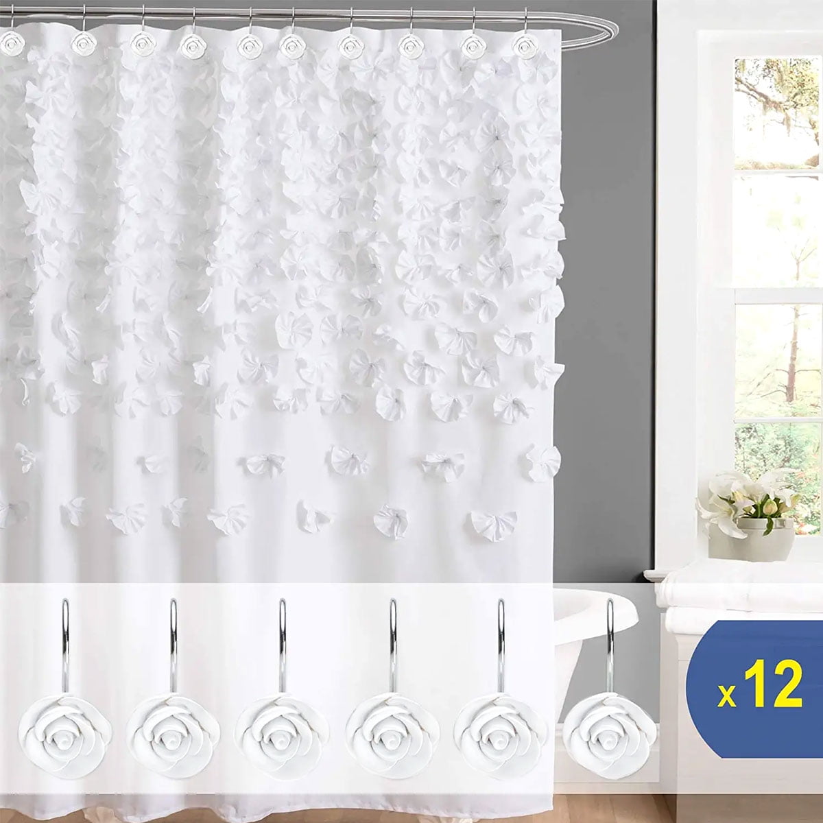 Dznils 12 Pcs Rose Shower Curtain Hooks, Decorative Metal Shower Curtain Rings, White