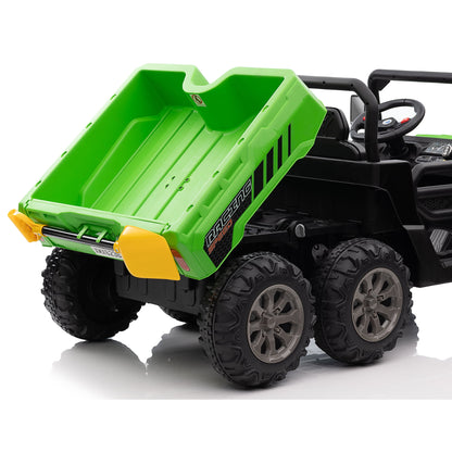 24V Ride on Toys UTV with Remote Control, 4WD 2 Seater Electric Cars for kids,Kids Ride on Dump truck w/ Tipping Bucket Trailer, Shovel, Spring Suspension, Bluetooth Music, Green