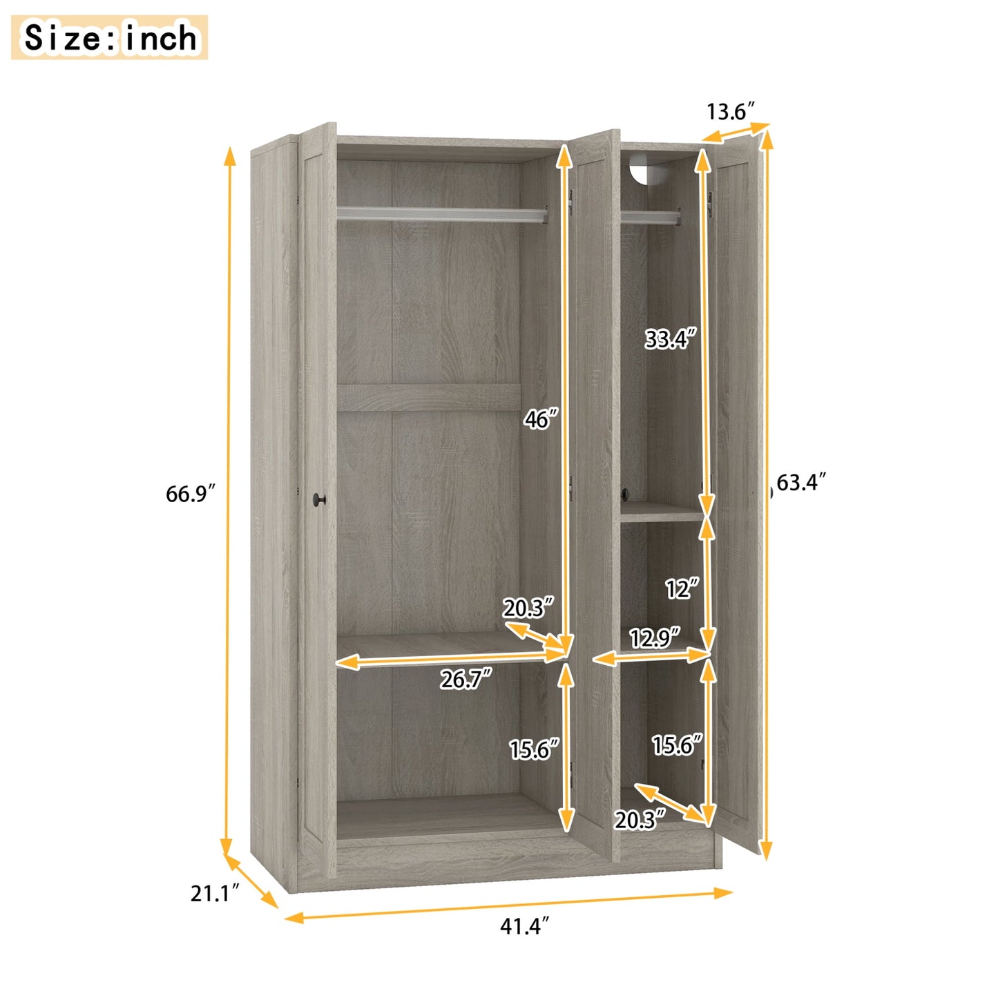 66.9" Freestanding Wardrobe, Modern 3 Doors Large Closet Storage Cabinet with Shelves, Multi-Functional Wood Wardrobe Armoire Closet for Bedroom, Gray