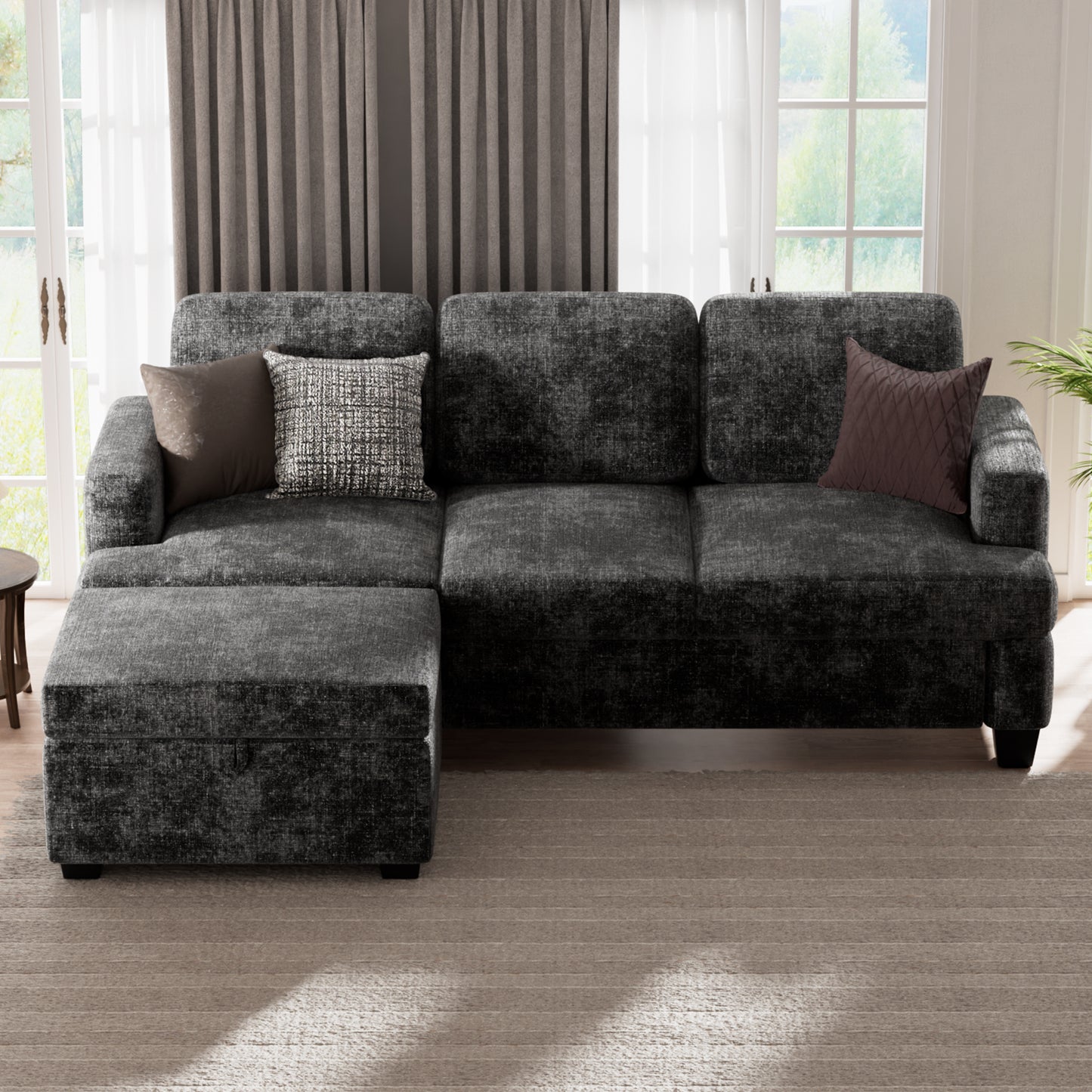 CoolHut Comfy Sectional Sofa with Reversible Storage Ottoman for Living Room, Upholstered L-Shaped 3-Seat Couch with Chenille Fabric, Reovable Cover, 3 Pillows, Dark Gray