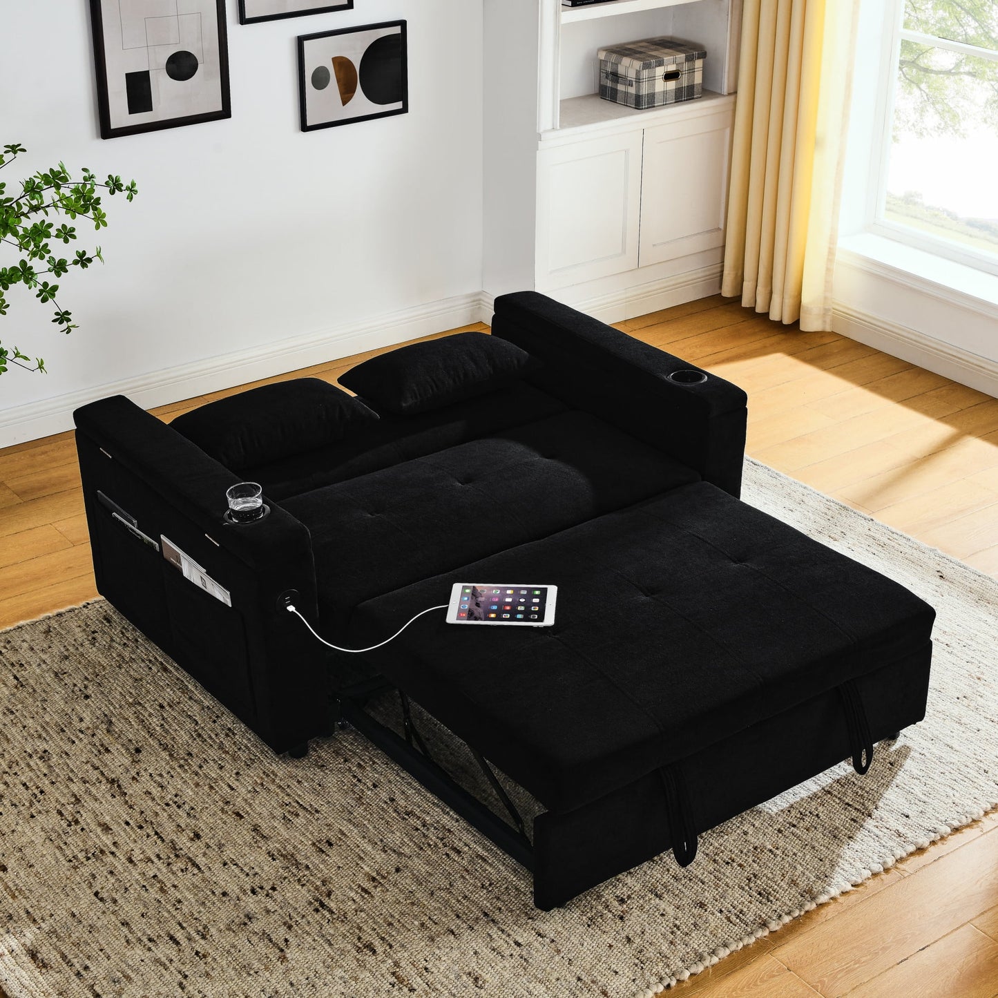 Convertible Chair Bed, 3 in 1 Convertible Sofa Bed Sleeper Chair with Adjustable Backrest & Side Pokcets, Built-in USB Power Outlet & Cup Holder, Pull Out Sofa Bed, Sofa Bed Couch Loveseat Sleeper