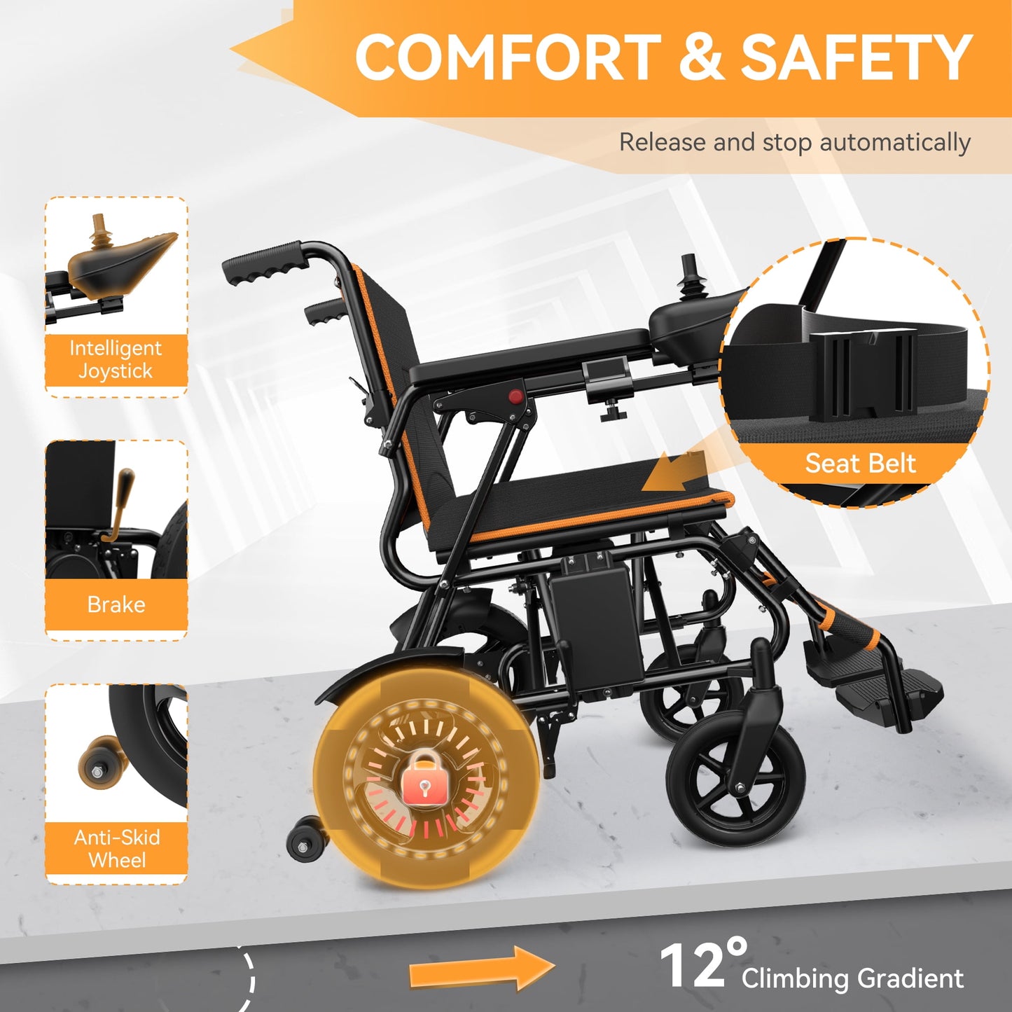 CoolHut Foldable Electric Wheelchair, Smart Motorized Wheelchair for Adults, Long-Range Mobility Scooter, Motor Wheelchair with Power Chair with 360° Joystick, Anti-tipping Device, Orange