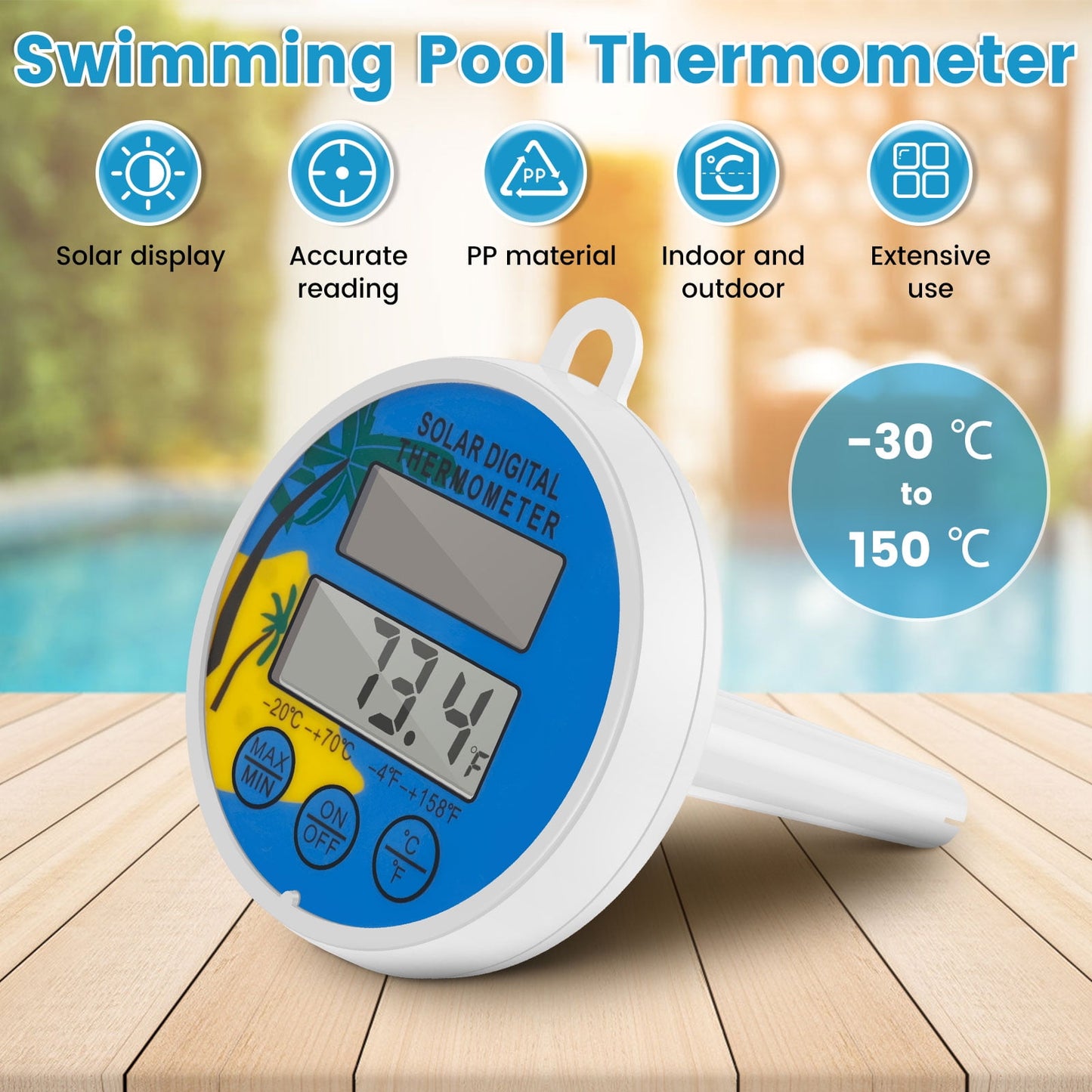 2 Pcs Solar Pool Thermometer Floating Digital Pool Thermometer with Tether Easy Read Swimming Pool Thermometer Solar Powered Pool Temperature Gauge for Spa Hot Tubs Ice Baths Fish Ponds