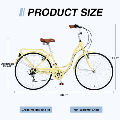 Womens Bike 26 inch Shimano 7 speed Beach Cruiser Bike for Ladies Commuter Bike City Bike, 85% Assembled, Yellow