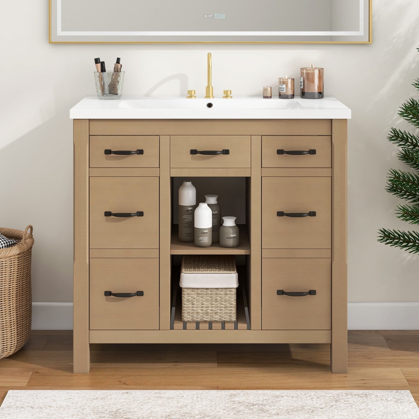 Bathroom Vanity with Sink, 36 inch Bathroom Vanity with Sink, Bathroom Sink Vanity with 3 Drawers and 2 Open Shelf, Built-in Soft Closing Door, Freestanding Bathroom Vanity Cabinet for Bathroom, Wood