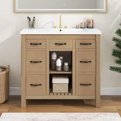 Bathroom Vanity with Sink, 36 inch Bathroom Vanity with Sink, Bathroom Sink Vanity with 3 Drawers and 2 Open Shelf, Built-in Soft Closing Door, Freestanding Bathroom Vanity Cabinet for Bathroom, Wood