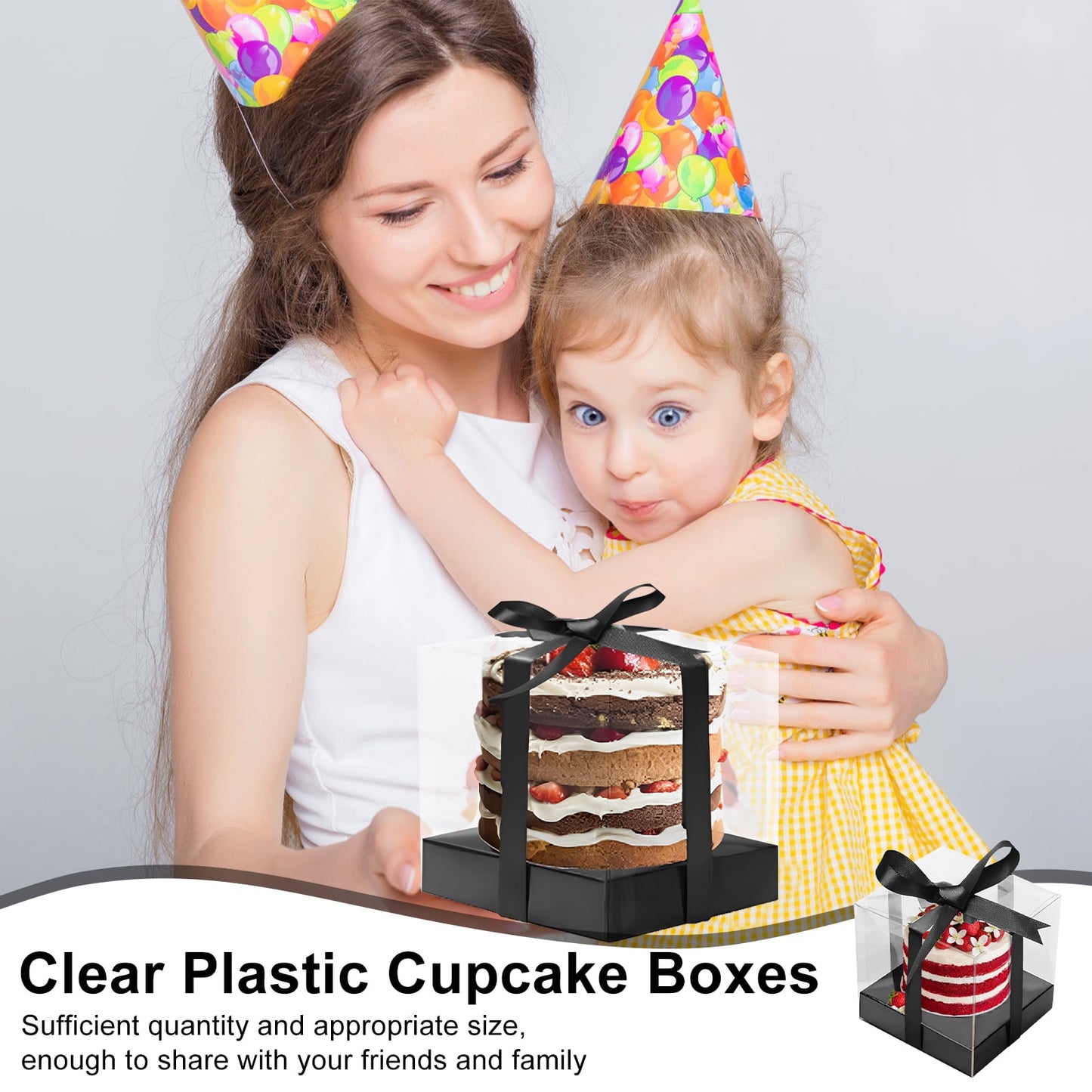 Adifare 24Pcs Cupcake Boxes Clear Plastic Single Cupcake Containers Foldable Single Cupcake Holders with Inserts and Ribbon for Cake Dessert 9x9x9cm