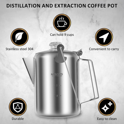 Camping Coffee Pot Stainless Steel,Coffee Pot Outdoors,Multi Use Coffee Percolator,Brew Coffee on Fire,Ideal for Group Camping,Hiking,Backpacking,RV and Travel,9 Cups