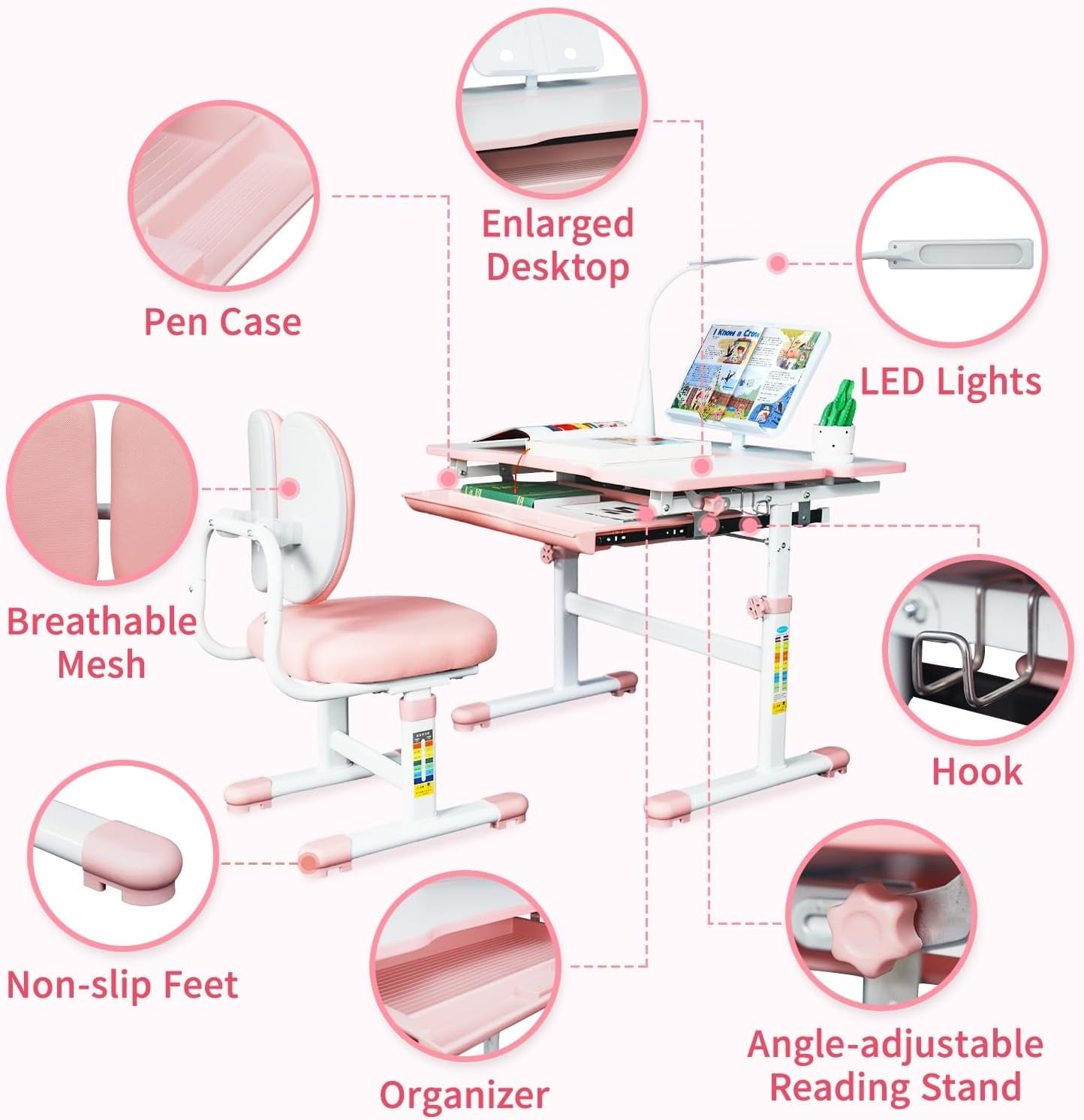 DEYGIA Kids Table and Chairs Set, Adjustable Activity Kids Desk with LED Lamp and Storage Drawer for Ages 3-12 Years