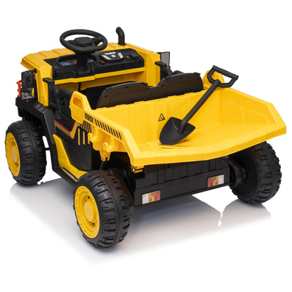 24V Ride on Toys 2 Seater Ride on Dump Truck w/ Remote Control, 2x200W Ride on Truck Car w/ Dump Bed, 3 Speeds, Shovel, Bluetooth/Music, Big Kids, Yellow