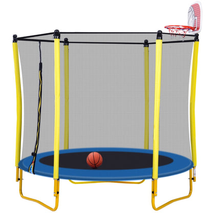 5.5FT Trampoline for Kids,65" Outdoor & Indoor Mini Toddler Trampoline with Enclosure, Basketball Hoop and Ball Included,Recreational Trampoline for Toddler Age 1-6