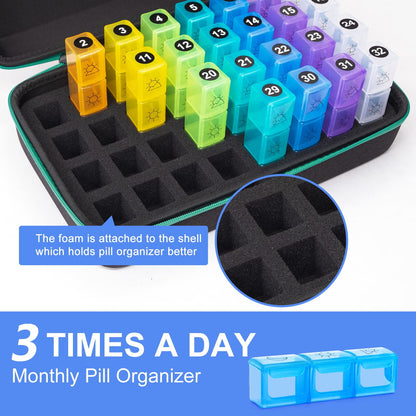 BEFUNZL Monthly Pill Organizer 3 Times a Day, Travel Pill Box Organizer with 32 Compartments, Month Pill Box Organizer