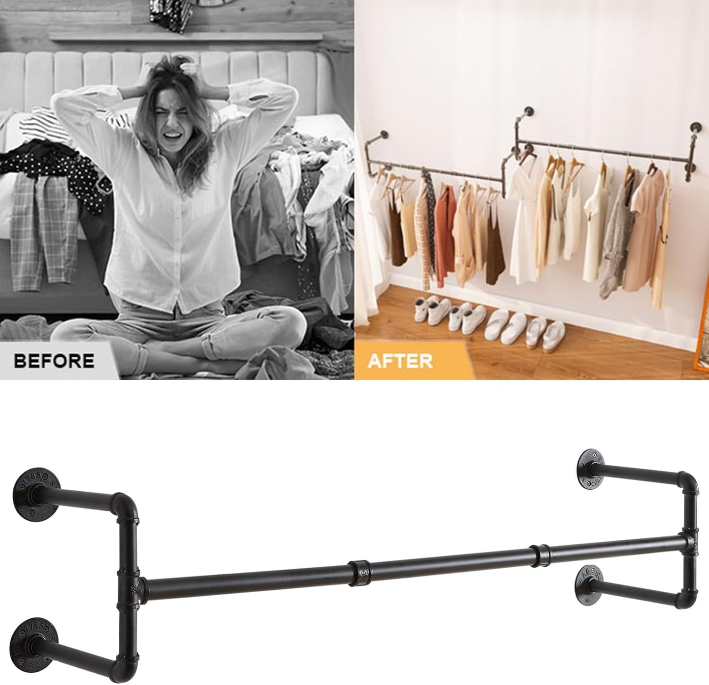 ZZBIQS Industrial Pipe Clothes Rack, 50 inch Wall Mounted Clothing Rack, Space-Saving Hanging Closet Rod, Heavy Duty Multi-Purpose Garment Rack for Closet and Laundry Room(4 Bases), Black