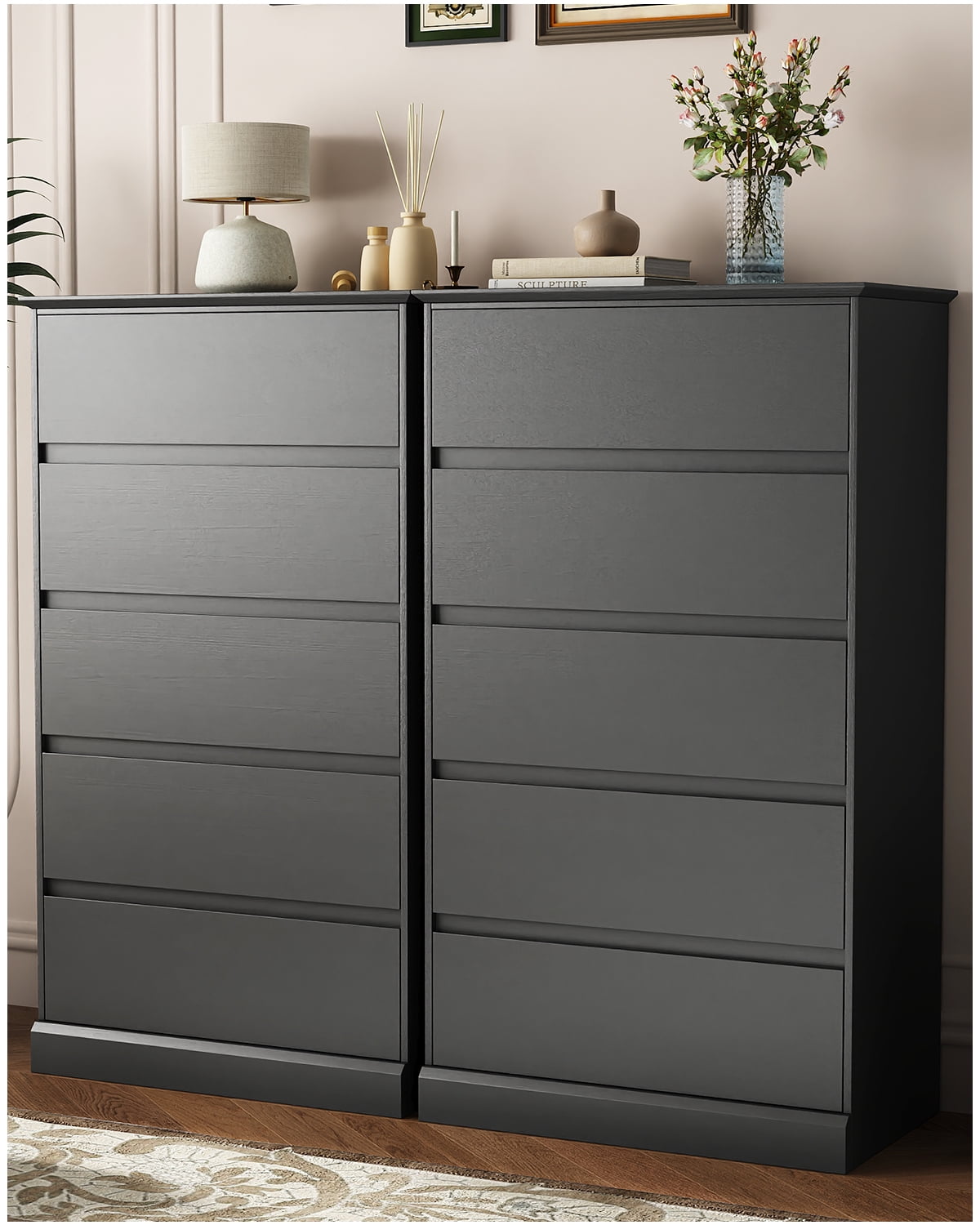 5 Black Drawer Dresser , Modern Tall Floor Storage Cabinet with Metal Sliding Rail, Wooden Handleless Drawer Cabinet, 5-Layer Large Capacity Vertical Dressers for Home & Office