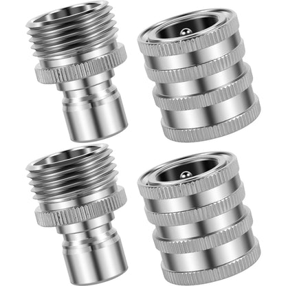 4Pcs Garden Hose Quick Connector Stainless Steel Water Hose Fitting 3/4inch Male and Female Pressure Washer Pump Adapter No Leak Garden Hose Connect Fitting for Faucet