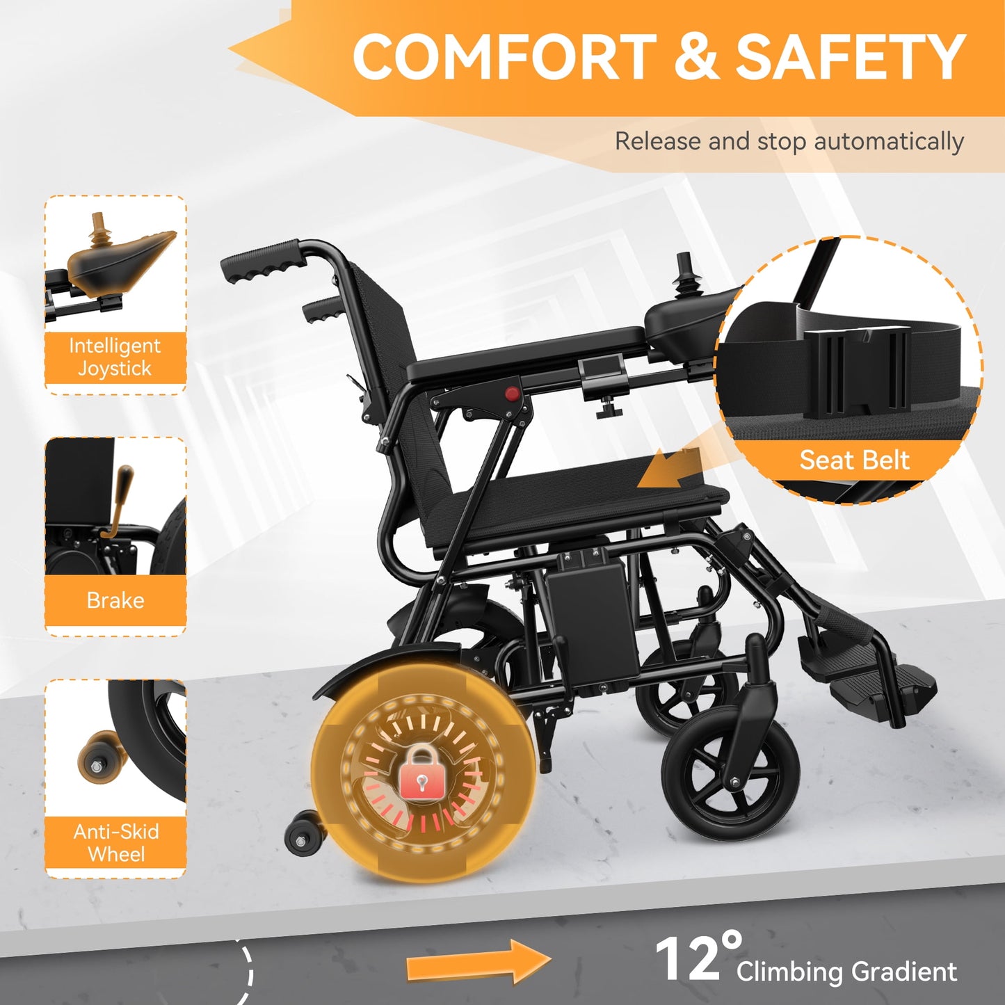 CoolHut Foldable Electric Wheelchair, Smart Motorized Wheelchair for Adults, Long-Range Mobility Scooter, Motor Wheelchair with Power Chair with 360° Joystick, Anti-tipping Device, Black