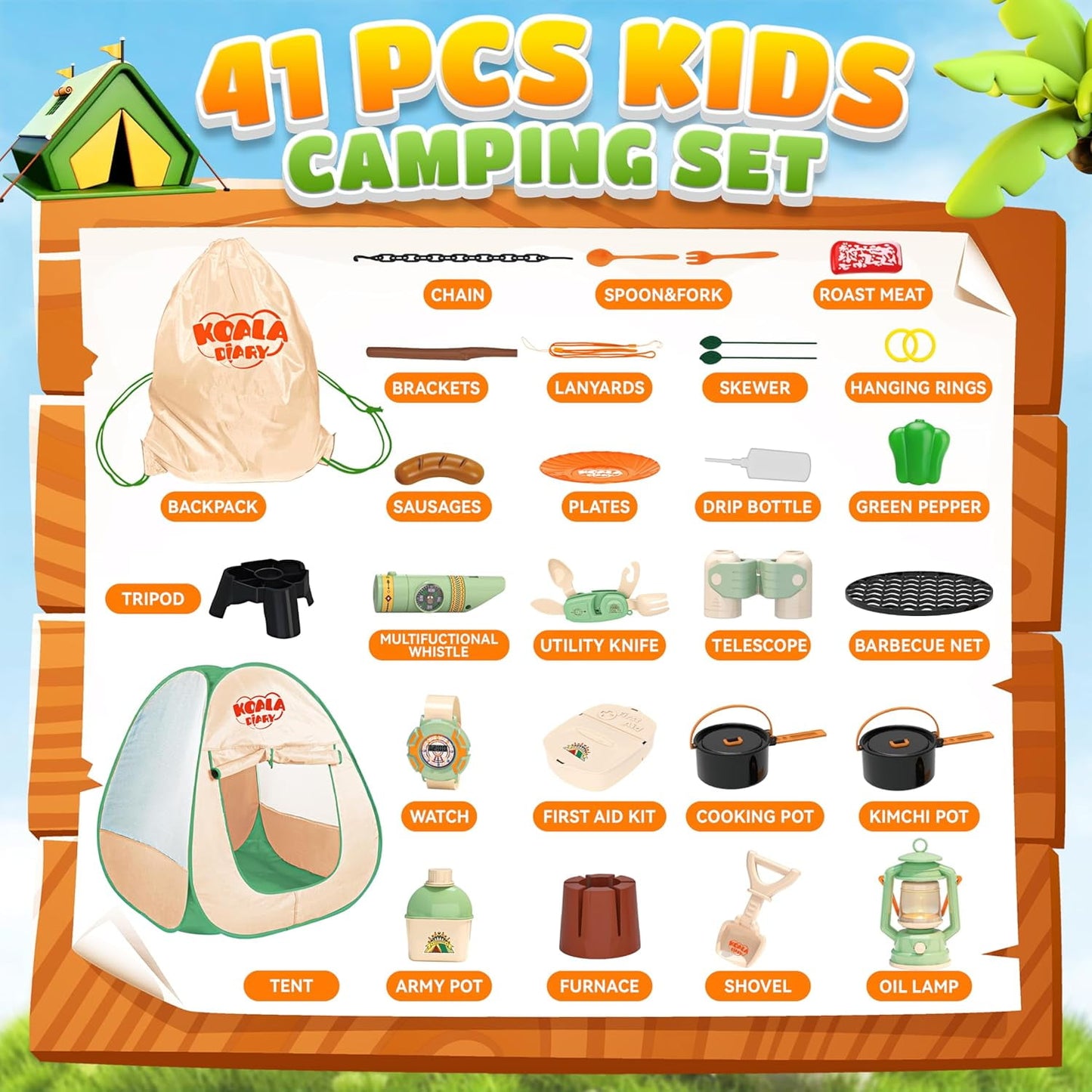 YCFUN Kids Camping Set with Tent, 41Pcs Pretend Play Camping Toys for Toddlers, Indoor and Outdoor Toy Set for Gift Idea for Boys Girls