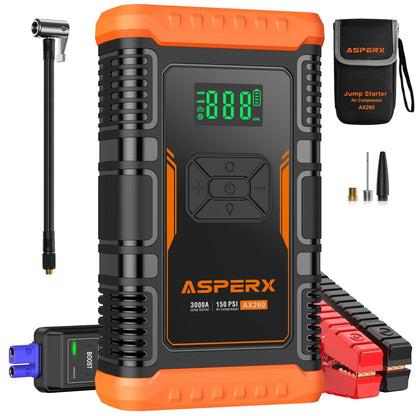 ASPERX 2 IN 1 Car Jumper Box with Air Compressor(Up to 10L Gas/8.0L Diesel Engines)，3000A Battery Jump Starter with USB Fast Charging,Portable Battery Booster for 12V Car SUV Vehicles