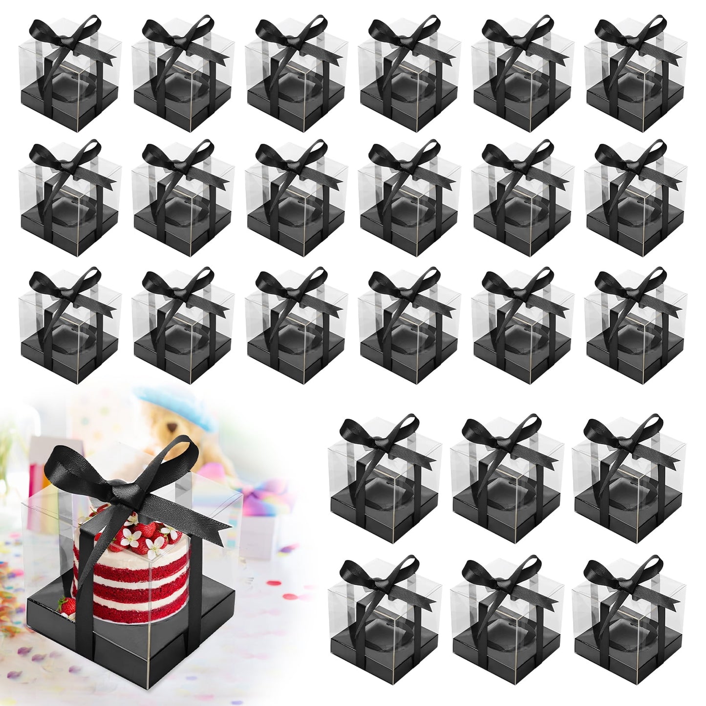 Adifare 24Pcs Cupcake Boxes Clear Plastic Single Cupcake Containers Foldable Single Cupcake Holders with Inserts and Ribbon for Cake Dessert 9x9x9cm