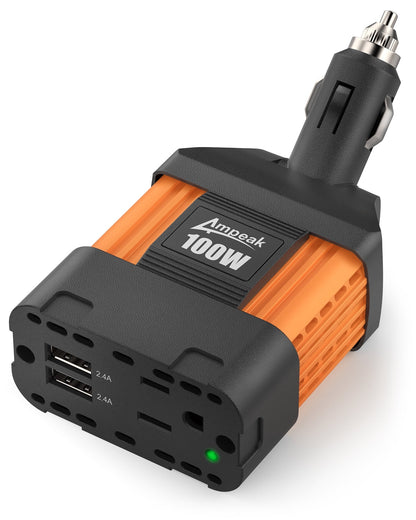 Ampeak 100W Power Inverter, Safely and Portable Car Inverter, 4.8A Dual USB Ports DC 12V to AC 110 Car Plug Adapter,ETL certified, Orange