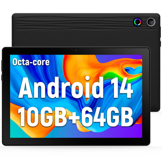 10.1 Inch Android 14 Tablet, Octa-core Touch Screen Tablet, 10GB RAM 64GB ROM(Expand to 1 TB), 5MP+8MP Dual Cameras, Dynamic Halo, Face ID, Bluetooth, WiFi 6, 5000mAh Battery,Black