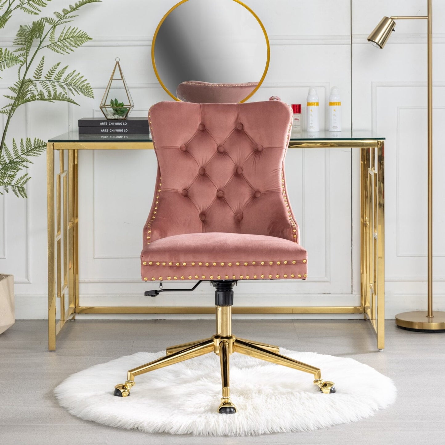 Armless Office Desk Chair, Modern Velvet Swivel Computer Chair with Wheels, Button Tufted Thick Upholstered Vanity Chair with Height Adjustable Seat for Home Office, Pink