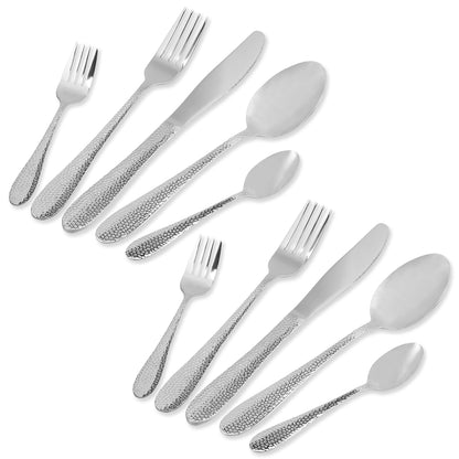 Austok 10 Pcs Silverware Set Service for 2,Stainless Steel Flatware Set,Hammered Flatware Utensil Set,Mirror Polished Cutlery Utensil Set,Includes Forks Knives and Spoons,Dishwasher Safe,Silver