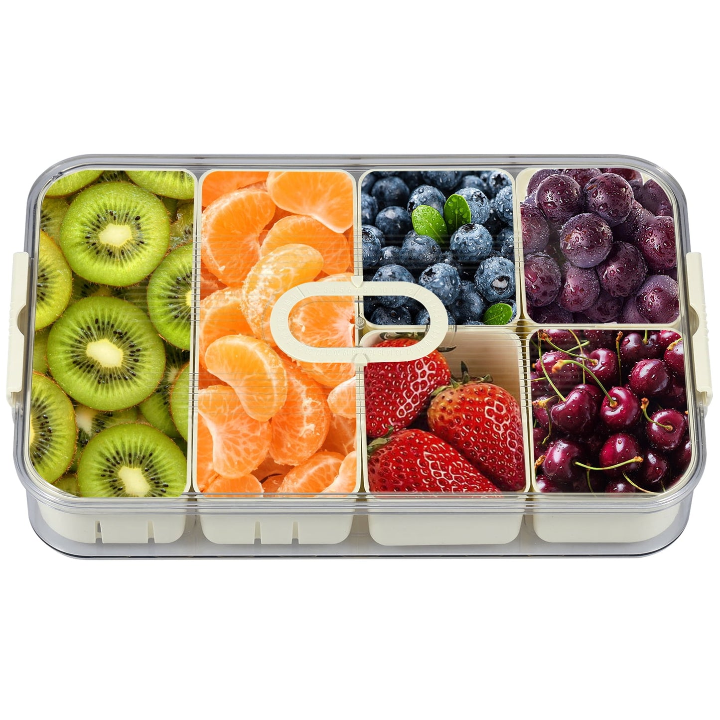 Austok Divided Serving Tray with Sealing Lid Timer 6 Compartment Snackle Box Container Snack Plattersompartment Box with Draining Baskets Clear Organizer for Candy Fruits Nuts Snacks