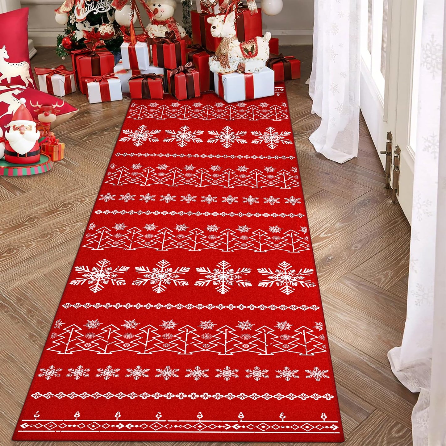 BERTHMEER 2'X6' Christmas Runner Rug Red Hallway Runner for Indoor Entryway Entrance Hallway Kitchen Soft Washable Non-slip Snowflake Rug,Red