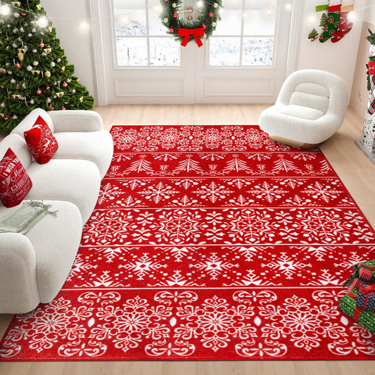 BERTHMEER 5'X7' Christmas Kitchen Rug for Living Room Bedroom Dining Room Office Dorm Laundry Holiday Extra Soft Machine Washable Non-slip Rug,Red