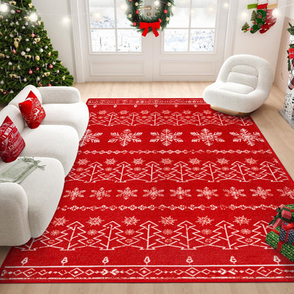 BERTHMEER Christmas Area Rug 5'X7' Red Rug Xmas Snowflake Kitchen Rug for Living Room Bedroom Dining Room Kitchen Nursery Laundry Low Pile Washable Non-slip Rug,Red