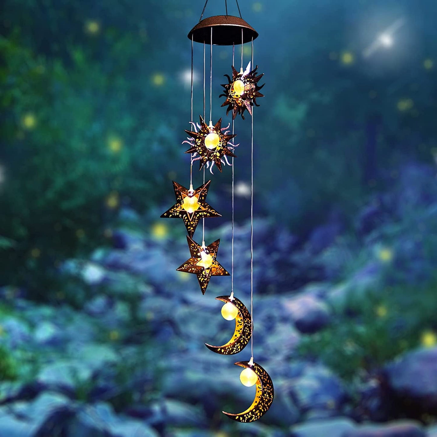 BUGHUT Solar Wind Chimes for Outside with Sun Moon Star Solar Hanging Lights Outdoor Windchimes Garden Decor Mom Gifts for Mothers Day Grandma Neighbors