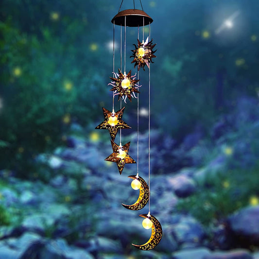 BUGHUT Solar Wind Chimes for Outside with Sun Moon Star Solar Hanging Lights Outdoor Windchimes Garden Decor Mom Gifts for Mothers Day Grandma Neighbors