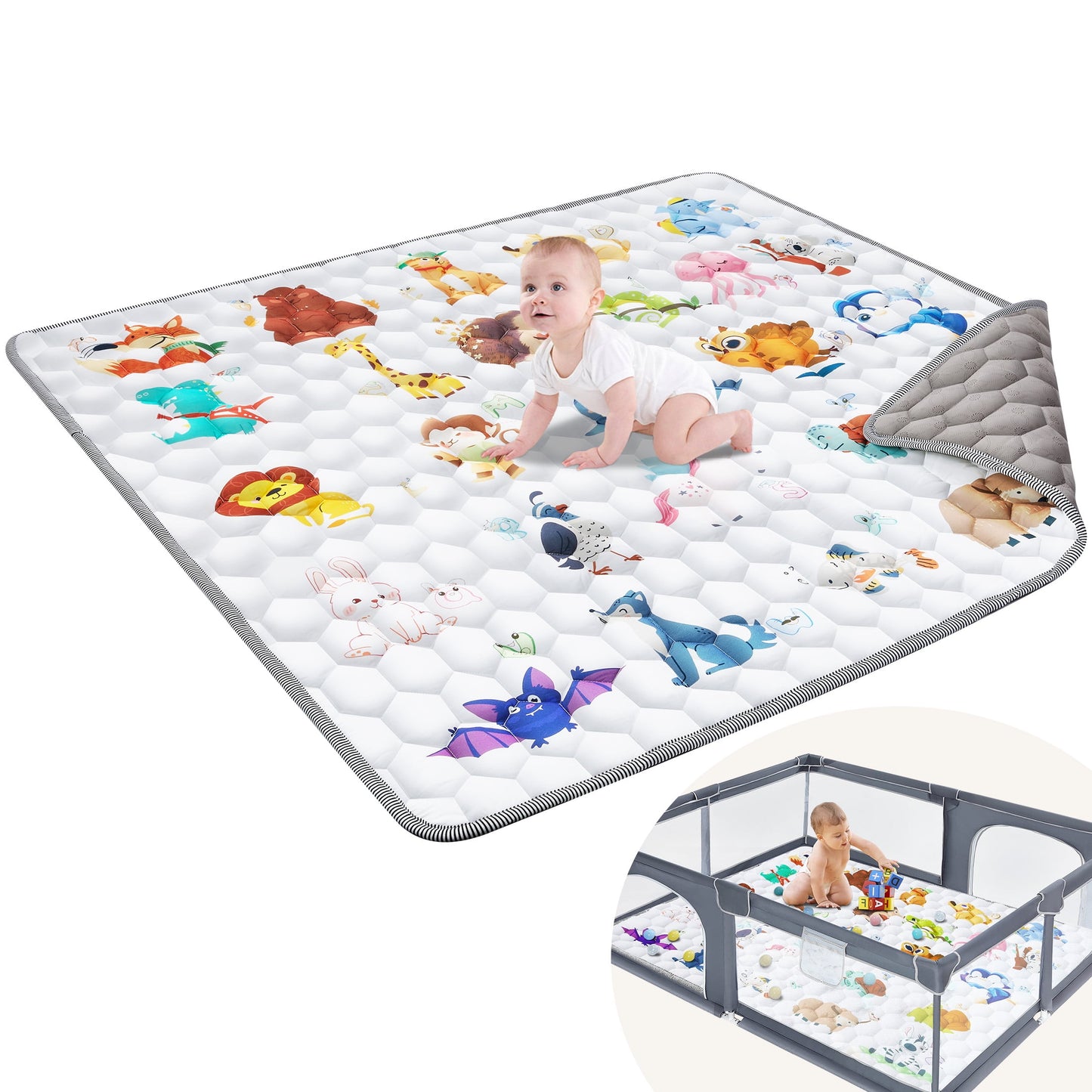 Baby Play Mat, 50" X 50" Tummy Time Mat with Soft Touch, Foldable Thick Activity Mat with Anti-Slip for Babies and Toddlers, Machine Washable Crawling Mat for Floor & Picnic - Animal