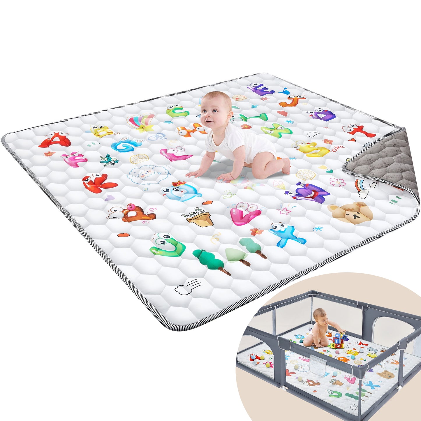 Baby Play Mat for Floor, Foldable Baby Play Mat 50" X 50",Thick One-Piece Crawling Tummy Time Mat, Non-Slip Cushioned Baby Playmat for Infants, Toddlers, and Washable Baby Plaype - Letter