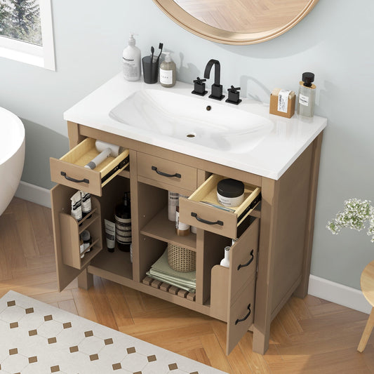 Bathroom Vanity with Sink, 36 inch Bathroom Vanity with Sink, Bathroom Sink Vanity with 3 Drawers and 2 Open Shelf, Built-in Soft Closing Door, Freestanding Bathroom Vanity Cabinet for Bathroom, Wood