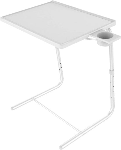 CHITOOMA Adjustable TV Tray Table with Cup Holders, Portable Dinner Tray Table, Foldable, 6 Heights&3 Tilt Angle for Living Room Office Bedroom, White