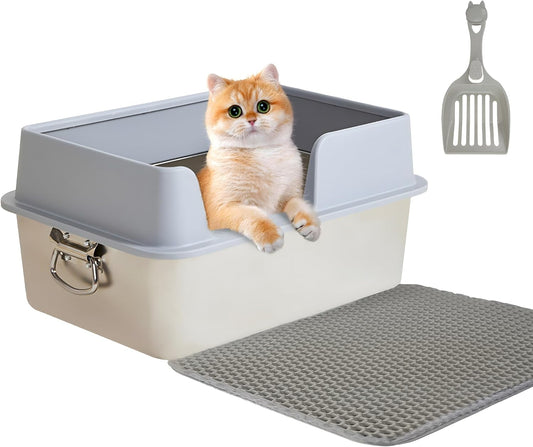 YCFUN Cat Litter Box with High Sided Open Top, Large Stainless Steel Litter Box with Cat Litter Shovel