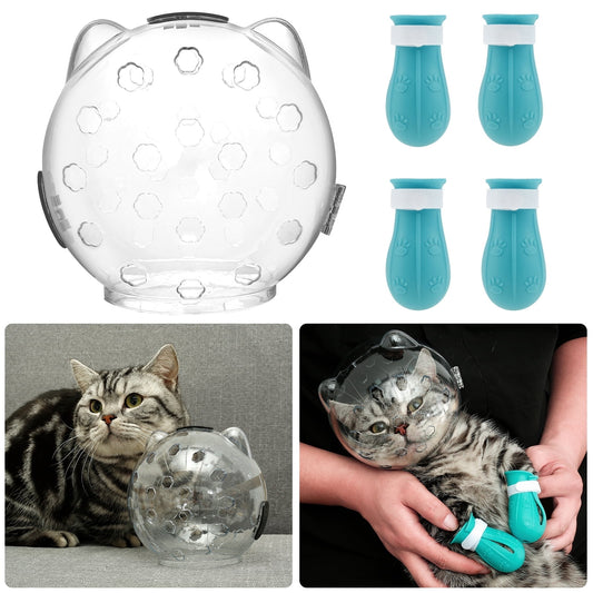 Cat Muzzle for Grooming Breathable Cat Muzzle Helmet Transparent Cat Space Hood Ears Shape Design Cat Bubble Muzzle Cat Anti Bite Helmet with 4 Silicone Paw Shoes for Bath Nail Trimming