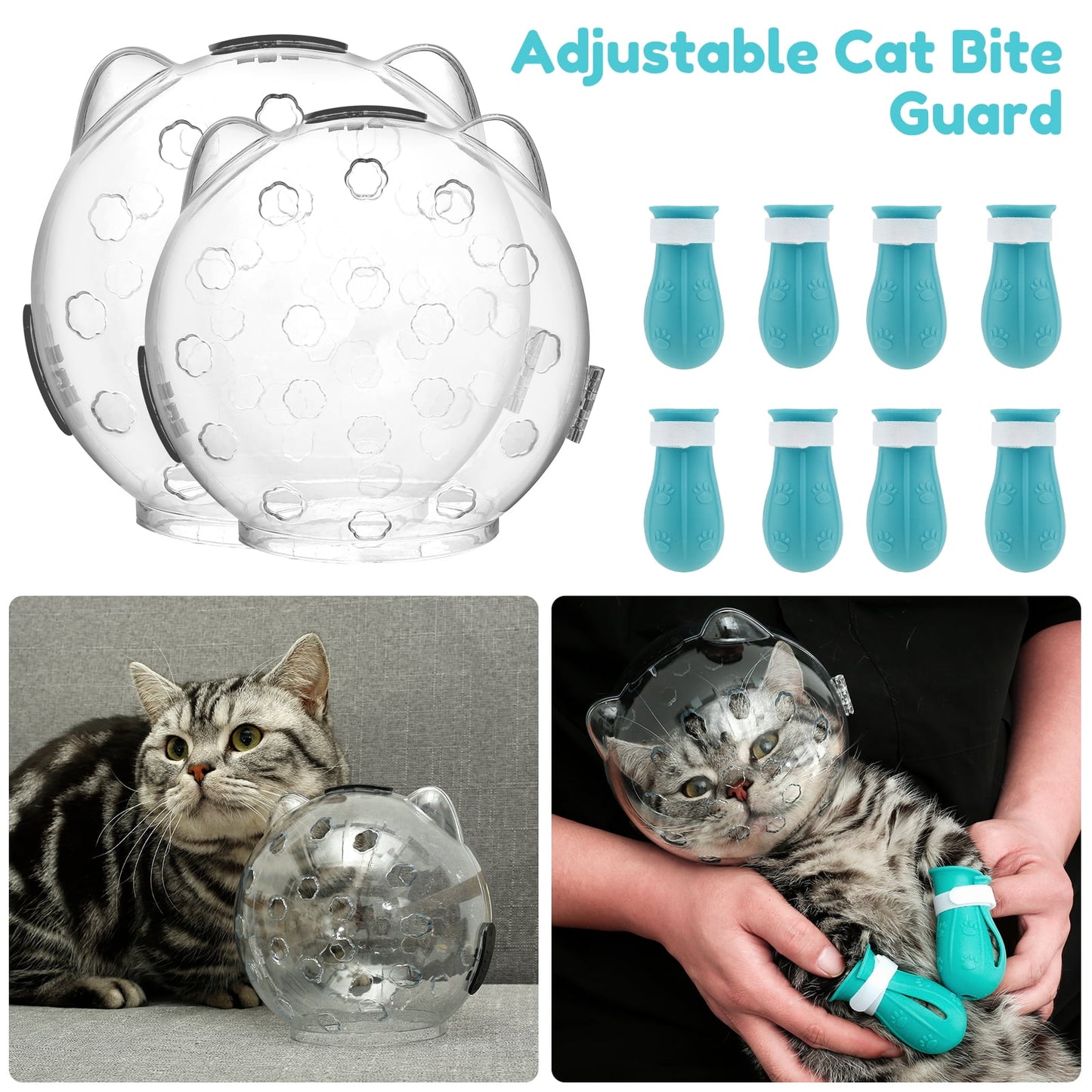 Cat Muzzle for Grooming Breathable Cat Muzzle Helmet Transparent Cat Space Hood Ears Shape Design Cat Bubble Muzzle Cat Anti Bite Helmet with 4 Silicone Paw Shoes for Bath Nail Trimming