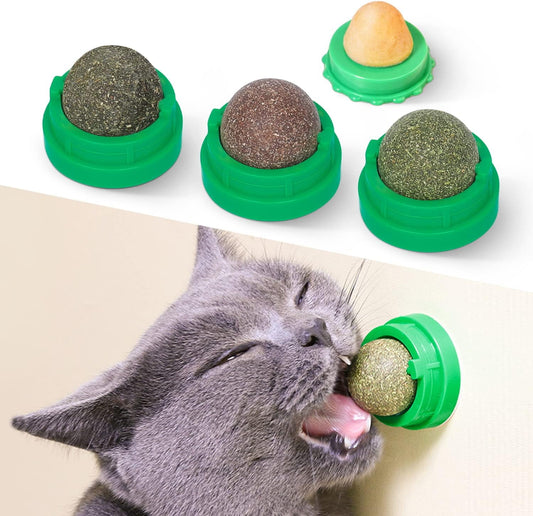 4 Pack Catnip Toys Balls, Extra Cat Energy Ball, Edible Kitten Silvervine Catnip Balls Toys for Lick, Safe Healthy Kitten Teeth Cleaning Dental Chew Toys, Cat Wall Treats