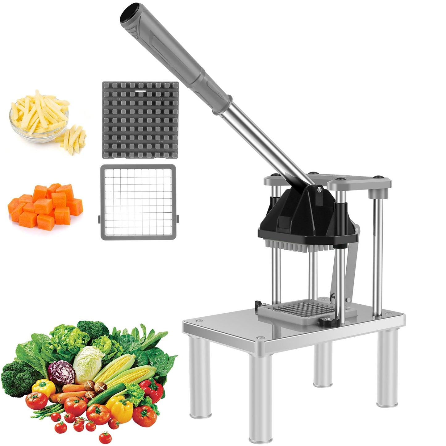 Commercial Vegetable Fruit Chopper French Fry Cutter with 2 Replacement Blades Stainless Steel Vegetable Chopper Dicer Heavy Vertical Potato Dicer Professional Chopper Dicer for Potato Onion Carrot